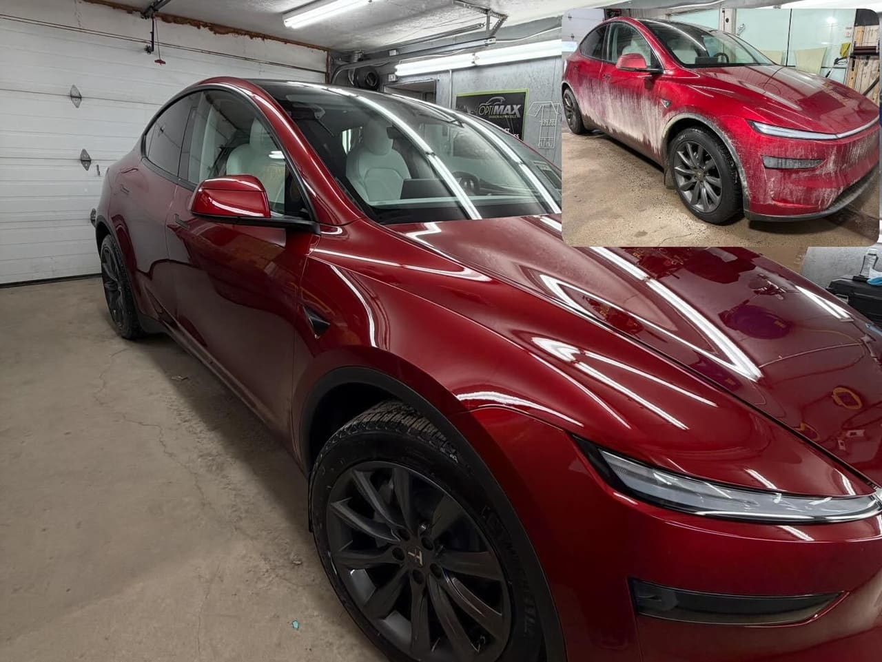 La même Tesla Model Y, propre et brillante dans l’atelier, avec la photo d’avant en médaillon